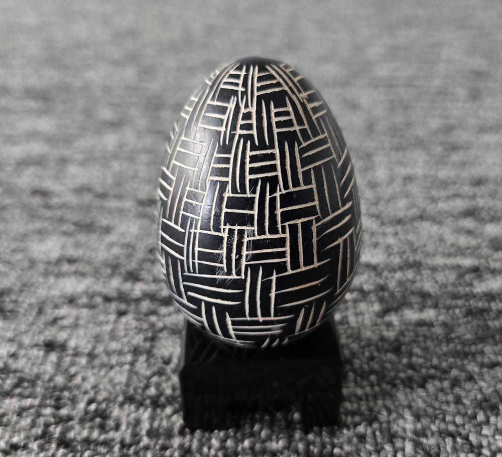 Hand Carved Kisii Soapstone Egg Kenya Black White Intricate Etched Basket Weave